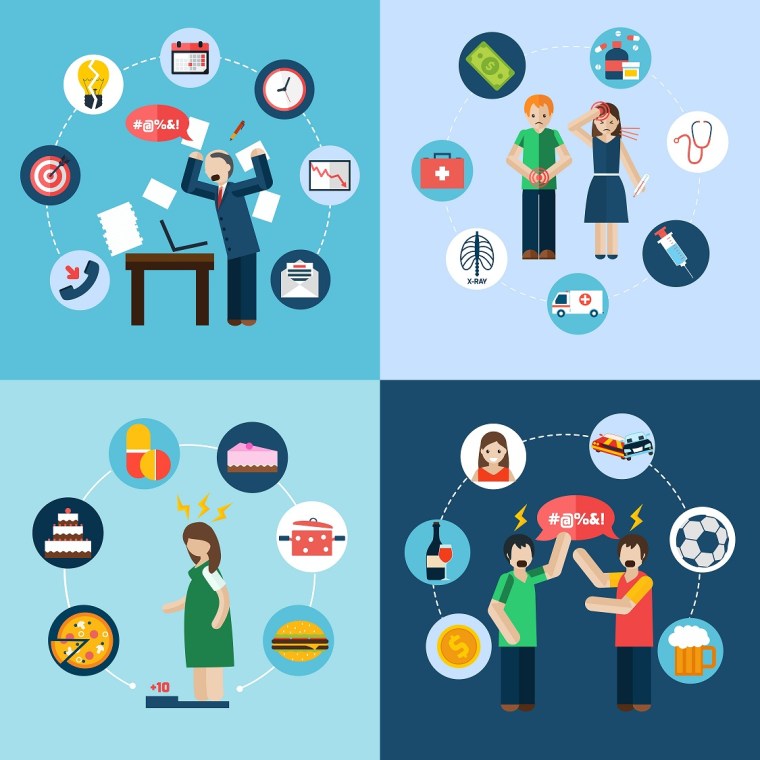 Stress depression 4 flat icons square